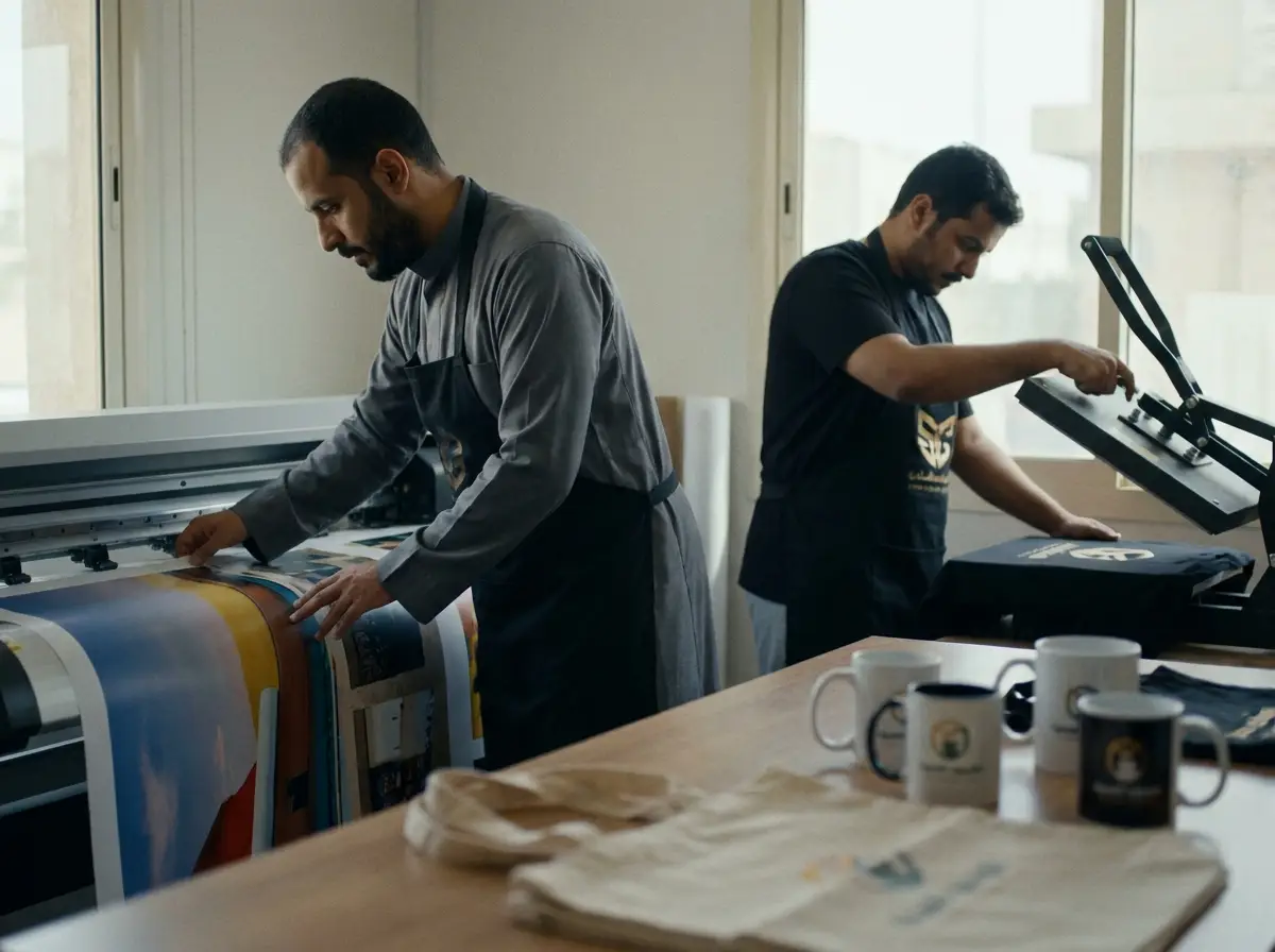 فنيّو برق يطبعون يافطة جدارية وشعارات على التيشيرتات والأكواب والشنط — Barq technicians printing a wall banner and logo merchandise